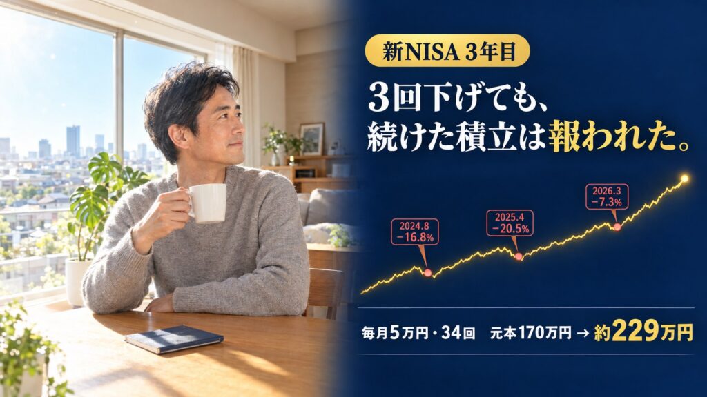 新NISA 3年目のアイキャッチ。窓辺でコーヒーを手に考える40代男性と、3回の下落（2024.8 −16.8%・2025.4 −20.5%・2026.3 −7.3%）を越えて上昇するチャート。毎月5万円・34回で元本170万円が約229万円に