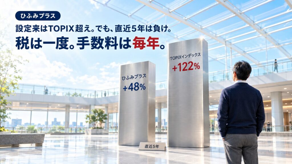 ひふみプラス（直近5年+48%）とTOPIXインデックス（+122%）を刻んだ2本の柱を見比べる男性。設定来はTOPIX超え、でも直近5年は負け。税は一度、手数料は毎年