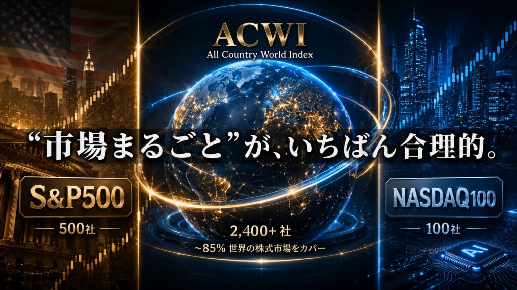 「市場まるごと」が、いちばん合理的。ACWI 2,400+社・世界の株式市場の約85%をカバー。左にS&P500（500社）、右にNASDAQ100（100社）