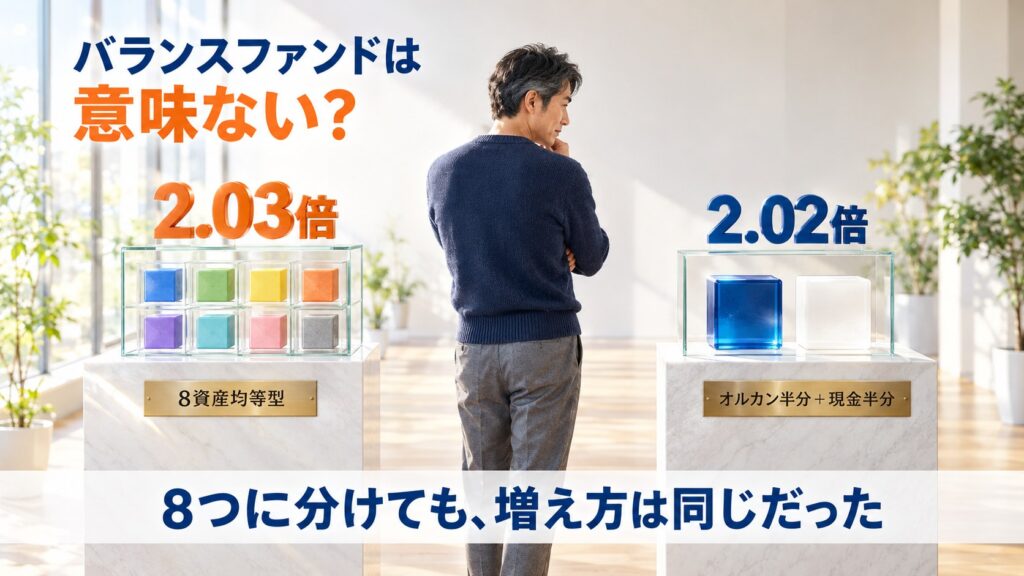 バランスファンドは意味ない？8資産均等型（2.03倍）とオルカン半分＋現金半分（2.02倍）を見比べる男性